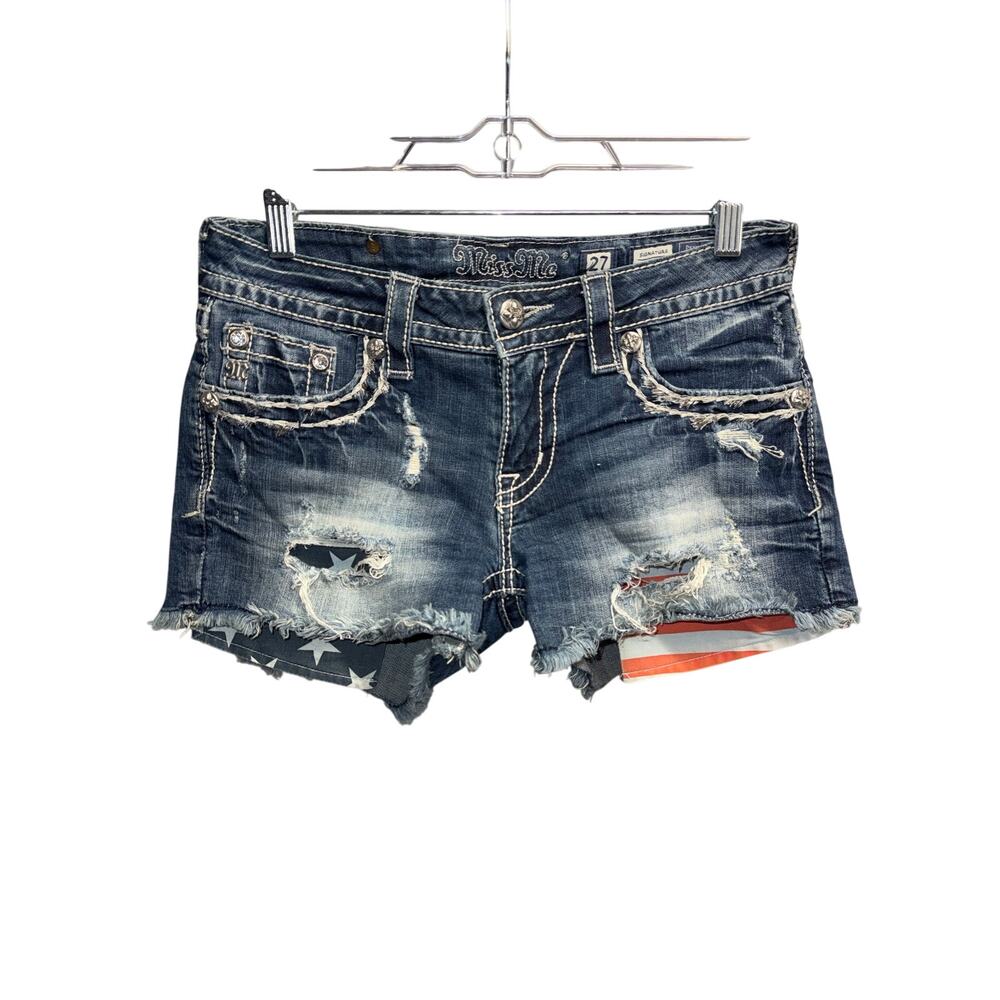MISS ME Signature Denim AMERICAN FLAG DISTRESSED  Frayed Shorts Size 27 Juniors